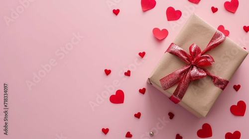 Valentine or mother day festive composition with gift or present box and red hearts on pastel pink background top view. Flat lay greeting card. © Khalif