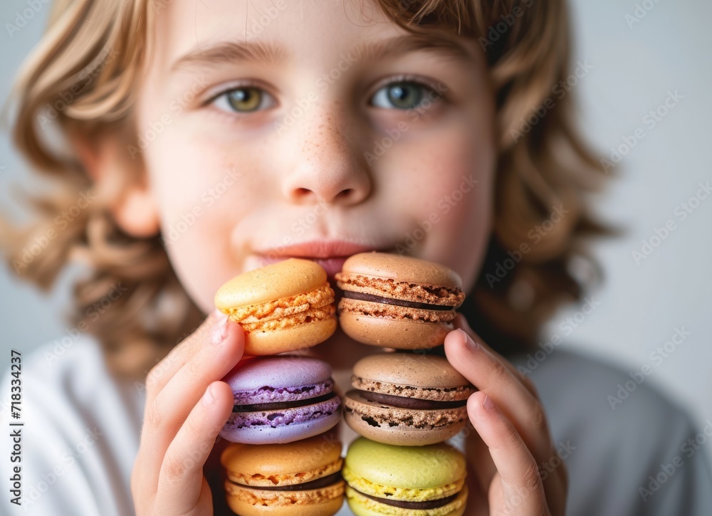 Close-up of boy eating colorful macaroons over white background