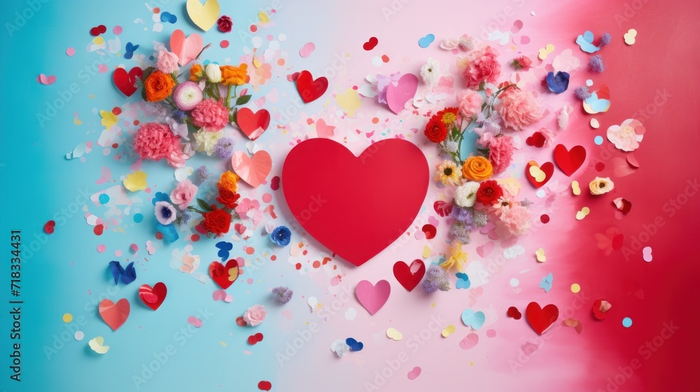  a red heart surrounded by confetti and flowers on a blue and pink background with scattered confetti.