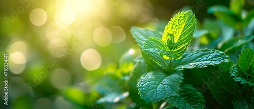 peppermint green and healthful, fresh green mint crops in growth at garden photo