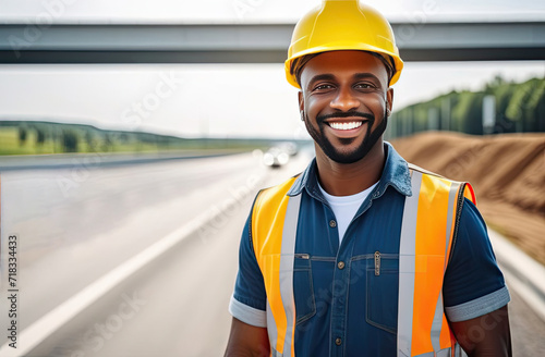 Portrait of successful middle age black man civil engineer on blurred background of the new motorway, looking at camera. Confident manager wearing yellow helmet and safety vest. photo