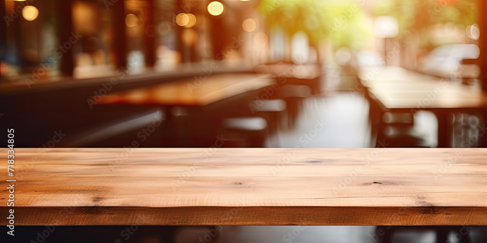 Brown wooden table in coffee shop interior with blurred background, suitable for montages or showcasing products.