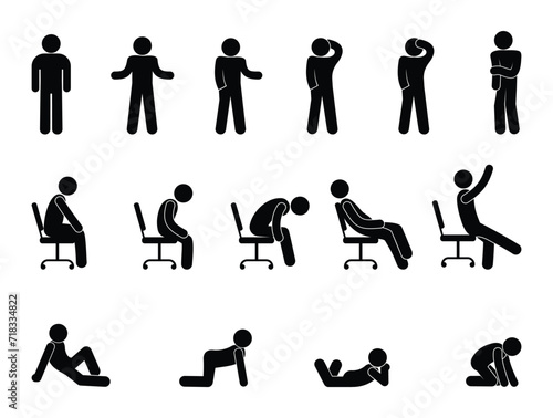 stick figure man icon, people standing, sitting, lying