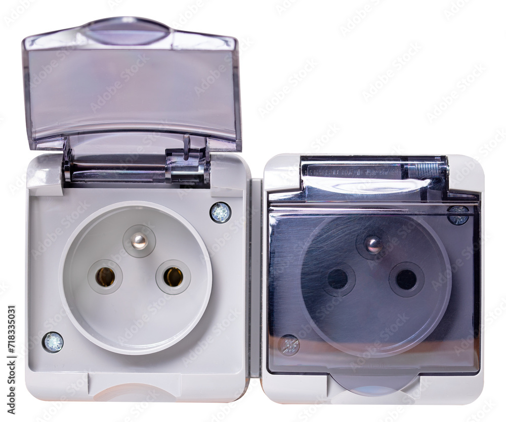 Fototapeta premium Electrical socket with flap on isolated background.