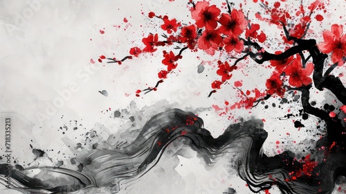 Black and red abstract illustration painted with brush.Red flowers  black wave  cherry blossom on chinese paper. Abstract chinese  japanese ink calligraphy painting.
