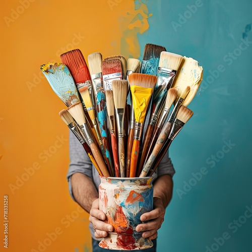 Artistic hands hold a pot brimming with paint-smeared brushes against an orange backdrop photo