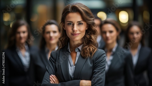 Group of women in business suits standing in front of an office. 