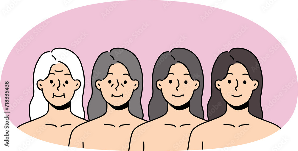 Set of woman faces in different age range. Collection of female aging from millennial girl to mature grey-haired grandmother. Set of woman faces in different age range. Collection of female aging from millennial girl to mature grey-haired grandmother.