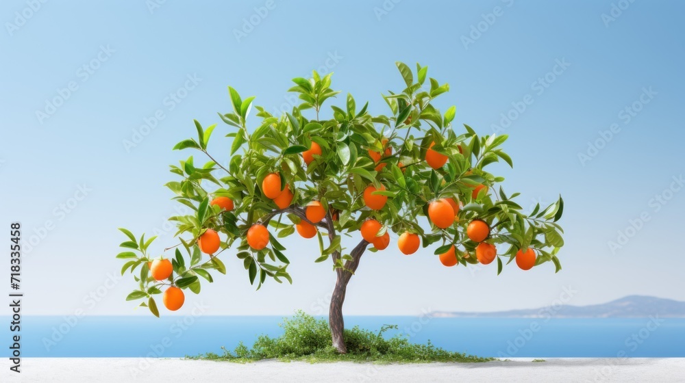  a tree filled with lots of oranges on top of a lush green field next to a body of water.