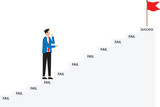 Frustrated businessman animation giving up before reach the success flag on the top of stairs concept
