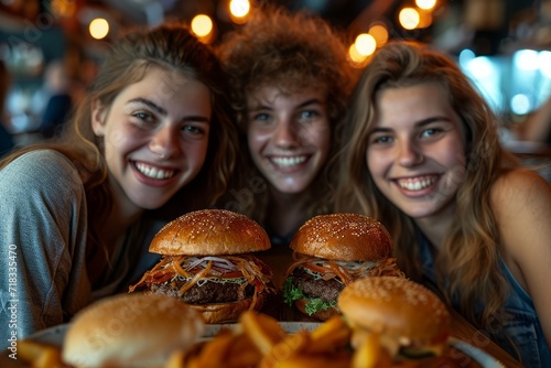 Smiling girlfriends posing for a photo with the hamburgers they are going to have for lunch