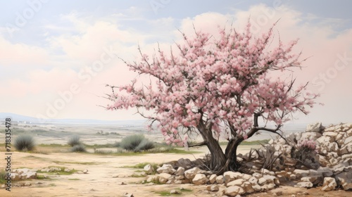  a painting of a tree with pink flowers in the foreground and rocks in the foreground, with a pink sky in the background.