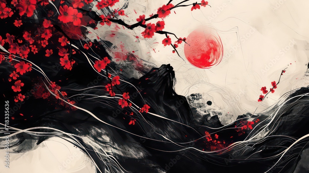 Black and red abstract illustration painted with brush.Red flowers, black wave, cherry blossom on chinese paper. Abstract chinese, japanese ink calligraphy painting. - obrazy, fototapety, plakaty 
