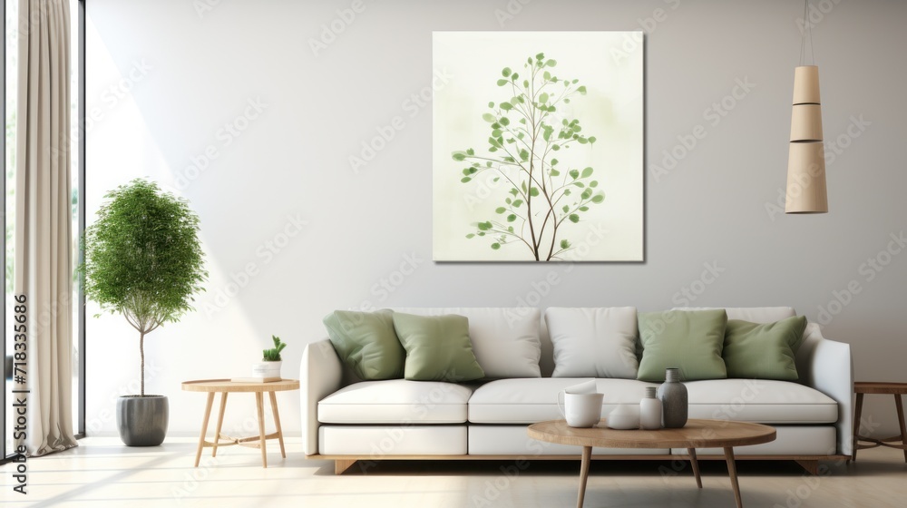Obraz premium a living room with a couch, coffee table and potted plant on the side of the couch and a painting on the wall.