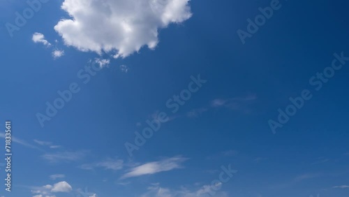 blue sky with clouds in the sky time lapse natural background. clear space hight atmosphere in spring season. good weather condition for outdoor activity. fluffy white clouds flying high on screen. 
