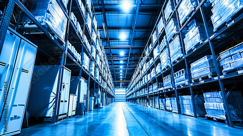 Warehouse Interior with Shelves and Factory Equipment, Logistic and Distribution Center, Industrial Storage