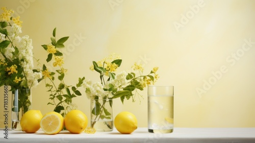  a table topped with vases filled with yellow flowers and lemons next to vases filled with white and yellow flowers.