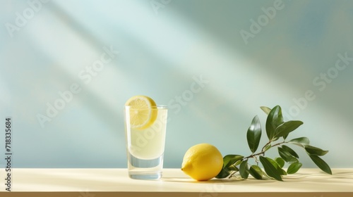  a lemon and a glass of lemonade sit on a table with a leafy branch in the foreground.