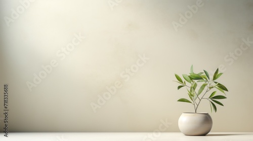  a white vase with a green plant in it on a white table with a light colored wall in the background.