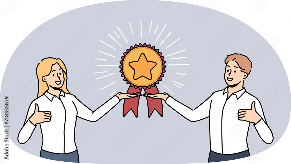 Smiling businesspeople with golden reward or trophy show thumb up give recommendation. Happy employees demonstrate award recommend good service. Smiling businesspeople with golden reward or trophy show thumb up give recommendation. Happy employees demonstrate award recommend good service.