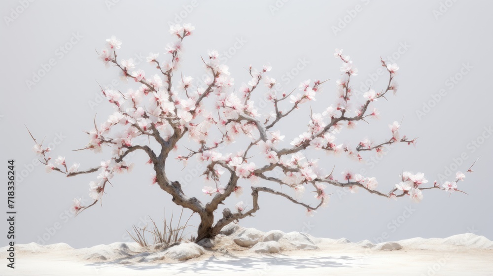  a tree in the middle of a desert with snow on the ground and rocks in the foreground and a gray sky in the background.