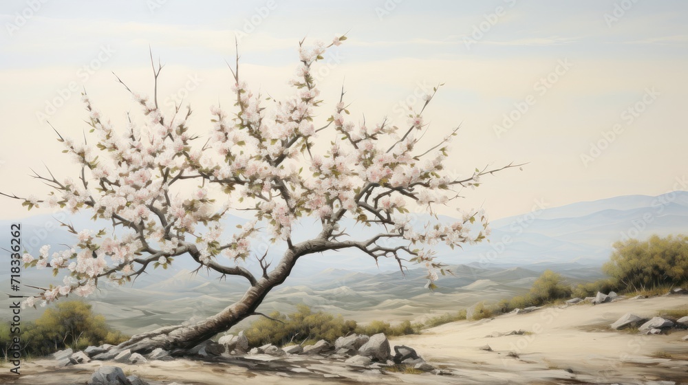 a painting of a tree with white flowers in the foreground and a mountain range in the distance in the background. a painting of a tree with white flowers in the foreground and a mountain range in the distance in the background.