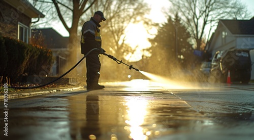 an individual cleaning the driveway with a spray