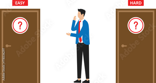 Businesswoman animation looks confused to choose between easy way or hard way. Cartoon in 4k resolution concept

