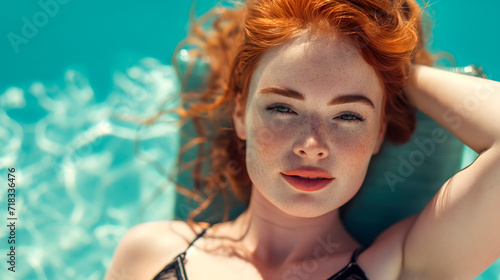 Mujer joven pelirroja, muy guapa, tomando el sol en la tumbona de una piscina