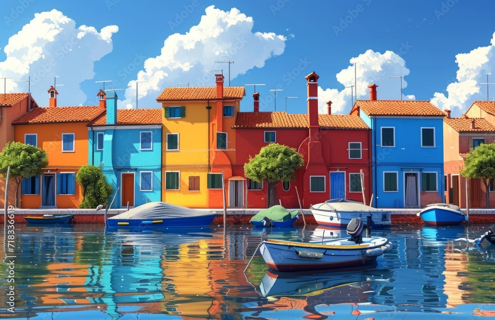 colorful canal with houses with boats docked in the water