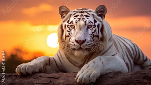 White tiger lies on the ground in the rays of the setting sun