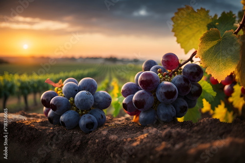 Black grape on vineyards background, winery at sunset, panoramic view banner.