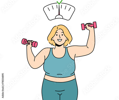Foto Fat woman wants to lose weight and become slimmer by doing fitness in gym and lifting dumbbells