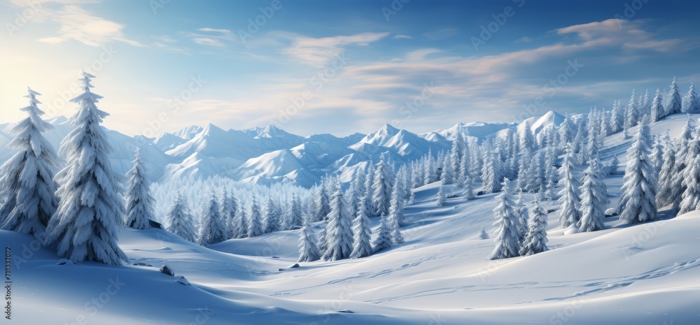 Frozen landscape in winter, snow and spruce trees