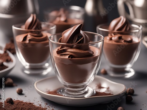 Dark Chocolate Mousse. Chocolate mousse au chocolate. Fresh servings of delicious French chocolate dessert. Exquisite chocolate.