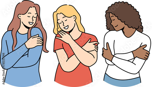 Obraz na plátne Various women hug themselves demonstrating narcissism and ignoring people around them