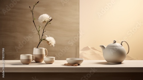  a table topped with white cups and a vase filled with flowers next to a vase with a flower in it.