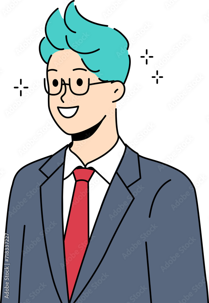 Businessman with funny hairstyle smiling posing in formal suit with tie and bright colored hair. Stylish young businessman stands out among office employees working in corporate field Businessman with funny hairstyle smiling posing in formal suit with tie and bright colored hair. Stylish young businessman stands out among office employees working in corporate field