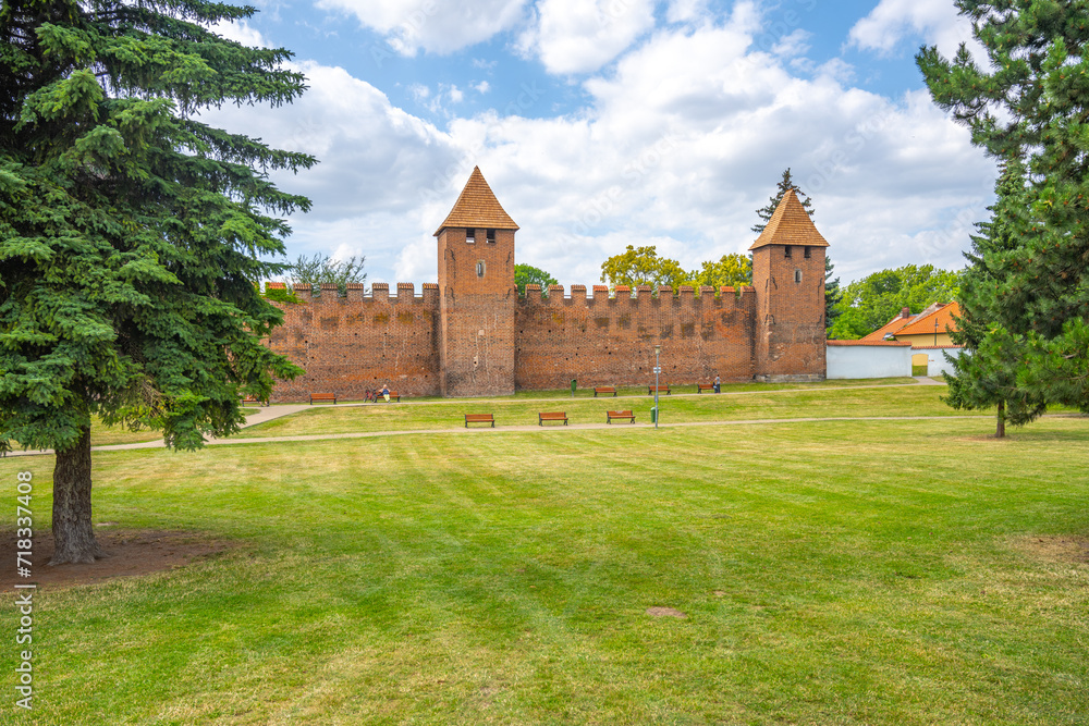 Gothic medieval fortification walls with towers in Nymburk, Czechia