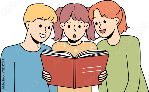 Children read book and are amazed at facts from history described in school encyclopedia