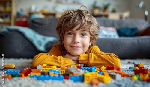 boy is playing with blocks in home