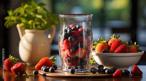  a glass vase filled with berries and blueberries next to a bowl of strawberries and a bowl of blueberries.