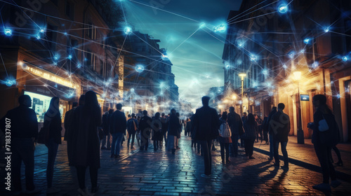 Urban scene unfolds as crowd gathers on city's streets illuminated by blue glow of 5G internet lines