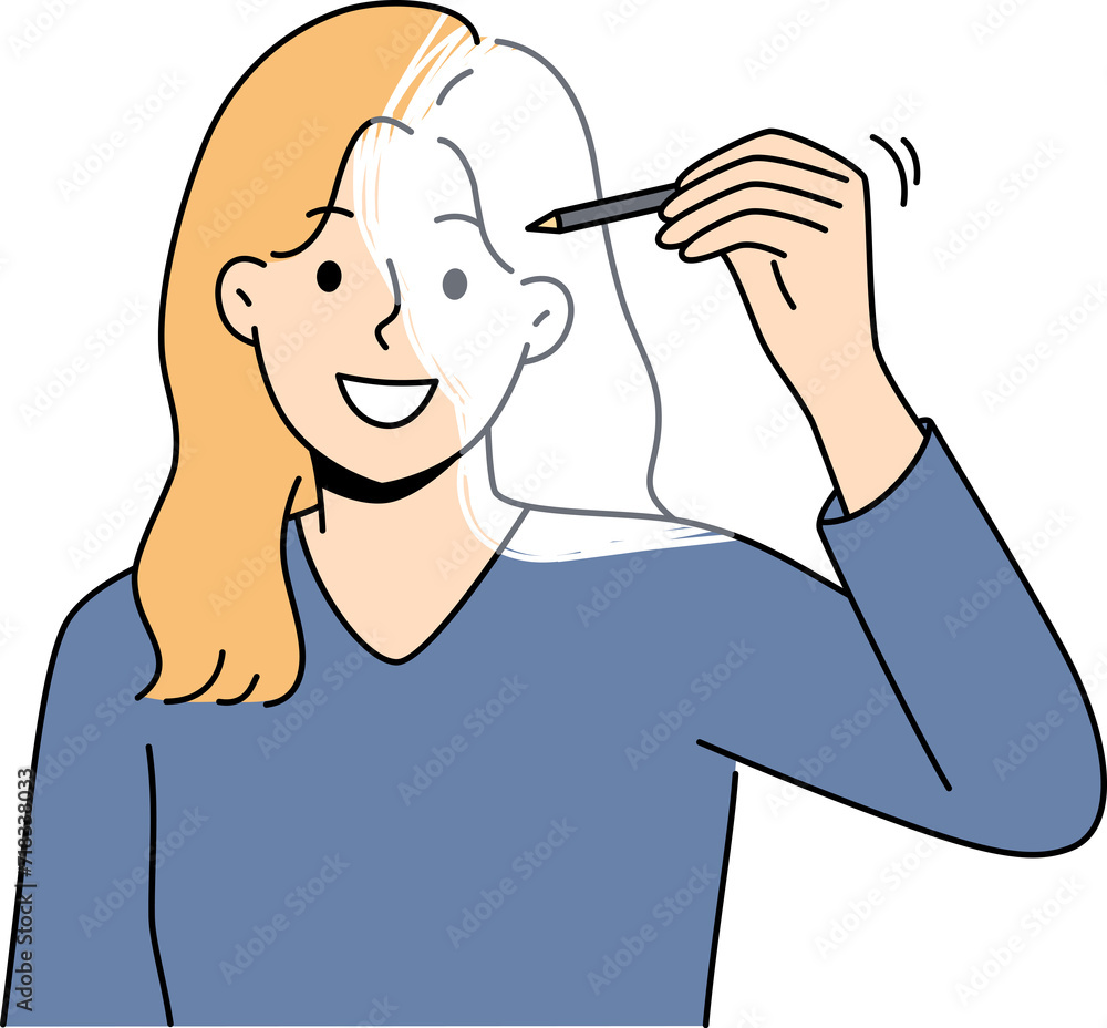 Woman draws own image with pencil, symbolizing self-development and desire to become better. Girl is interested in techniques for self-development and changing psychological state to achieve success Woman draws own image with pencil, symbolizing self-development and desire to become better. Girl is interested in techniques for self-development and changing psychological state to achieve success