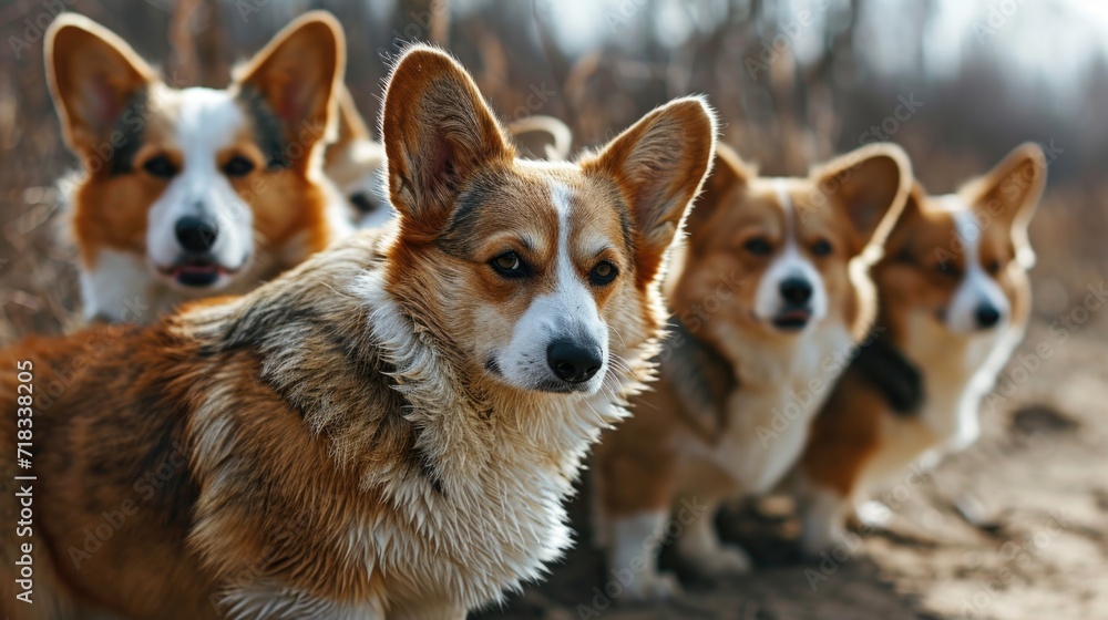 pack of irritable corgis with hostile behavior running in an open space against the background of other dogs