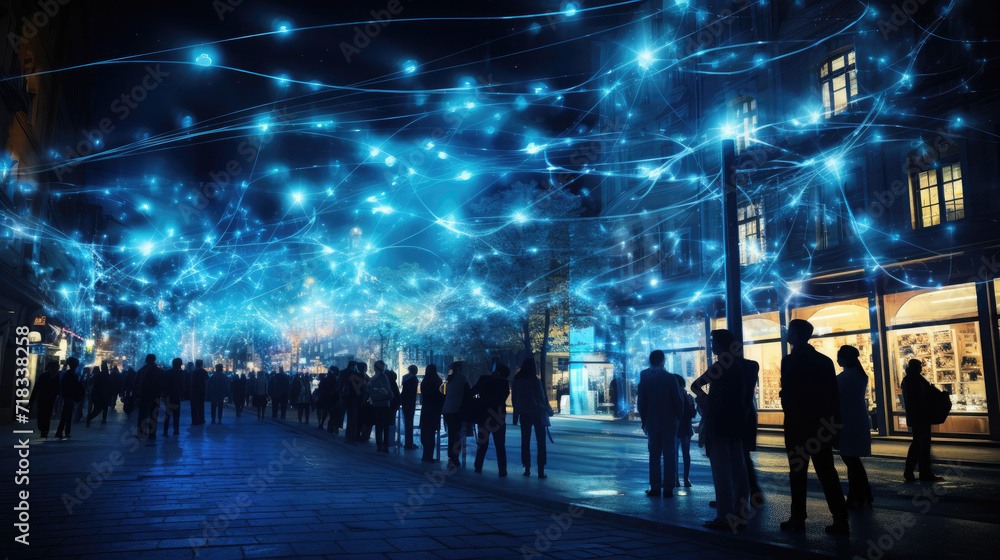 Group of individuals walks streets, surrounded by the futuristic glow of 5G internet lines in night