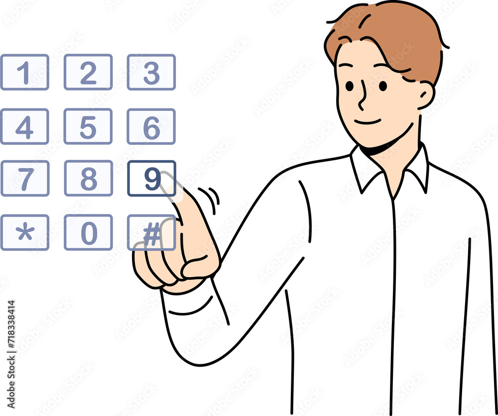 Business man enters password, gain access to confidential data by clicking on buttons on virtual screen. Guy uses secret access code to protect sensitive and confidential information about corporation Business man enters password, gain access to confidential data by clicking on buttons on virtual screen. Guy uses secret access code to protect sensitive and confidential information about corporation
