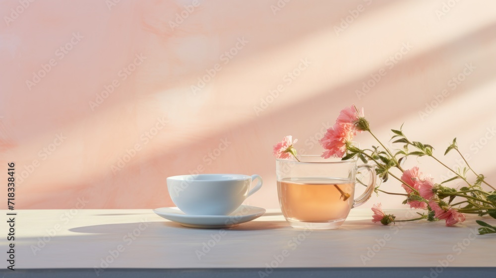 a cup of tea next to a vase of pink flowers on a table with a pink wall in the background. a cup of tea next to a vase of pink flowers on a table with a pink wall in the background.