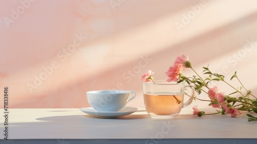  a cup of tea next to a vase of pink flowers on a table with a pink wall in the background.