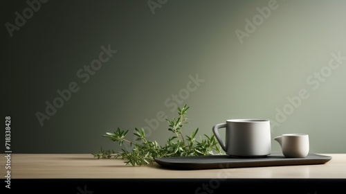  a couple of mugs sitting on top of a wooden table next to a leafy green leafy plant.